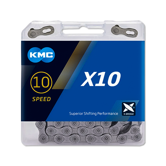 KMC Components & Spares X10 10-Speed Chain | 116 Links | Boxed Silver / Black SKU: CHAIN_X10-SB Barcode: CHAIN_X10