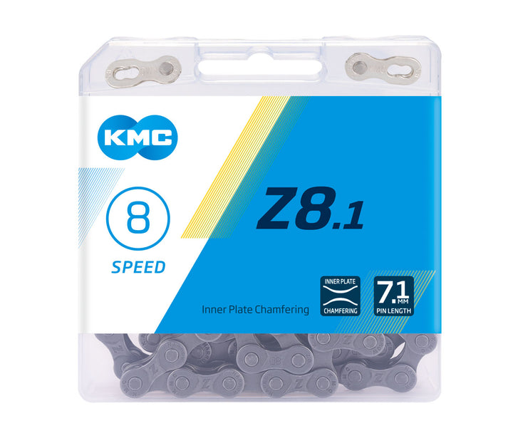 KMC Components & Spares Z8.1 8-Speed Chain | 116 Links | Boxed Grey / Grey  SKU: CHAIN_Z8.1 Barcode: CHAIN_Z8.1